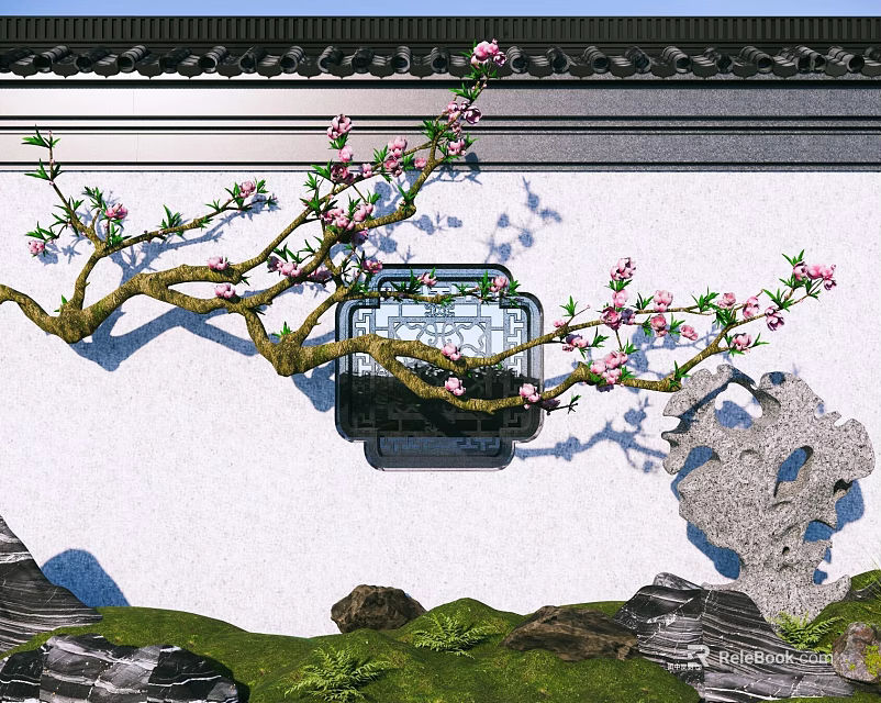 Traditional Chinese Garden Rockery Stone With Peach Blossom Branch White Wall And Moss 3d model 