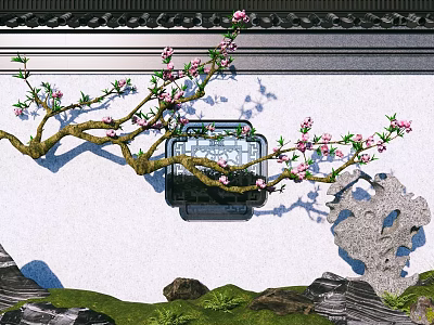 Traditional Chinese Garden Rockery Stone With Peach Blossom Branch White Wall And Moss 3d model
