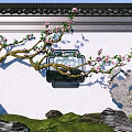 Traditional Chinese Garden Rockery Stone With Peach Blossom Branch White Wall And Moss