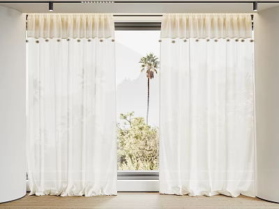 White Sheer Curtains With Tassel Trim By Window Showing Palm Tree And Outdoor Plants 3d model