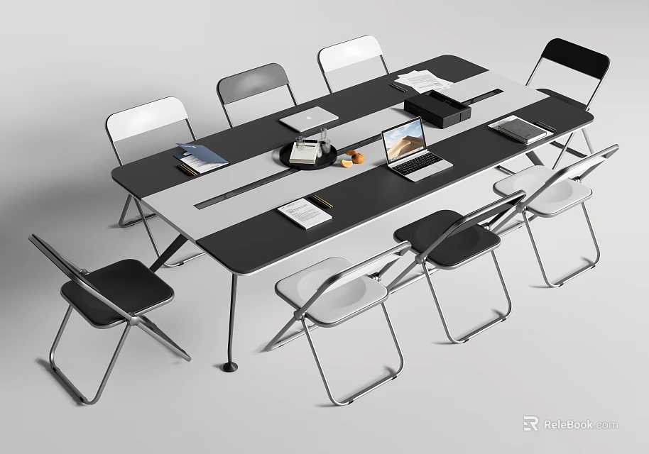 Modern Conference Table In Office Setting With Chairs Laptop And Documents 3d model 
