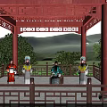 Ancient Architecture Red Pavilion Featuring Wooden Carved Railings and Traditional Costumed People Against Green Hills