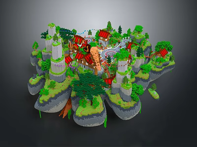 Block Built Fantasy Island Scene With Castles Red Roofed Buildings And Green Trees 3d model