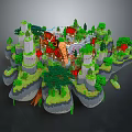 Block Built Fantasy Island Scene With Castles Red Roofed Buildings And Green Trees