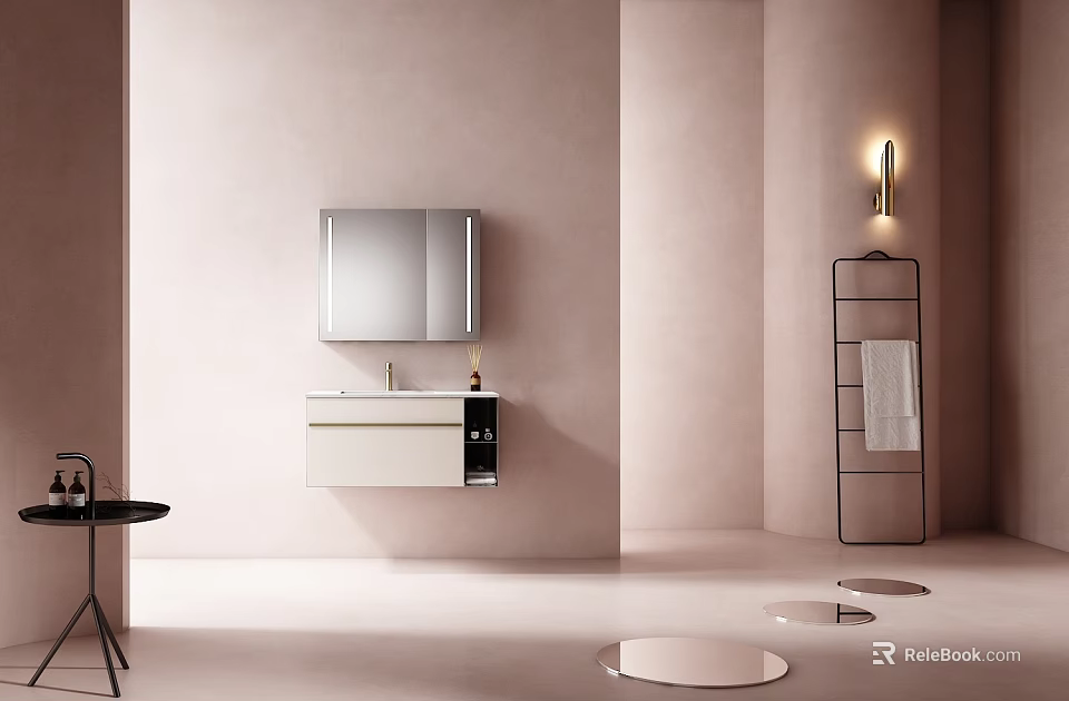 Modern Wall Mounted Bathroom Cabinet with Mirror and Towel Rack in Light Beige Bathroom 3d model 