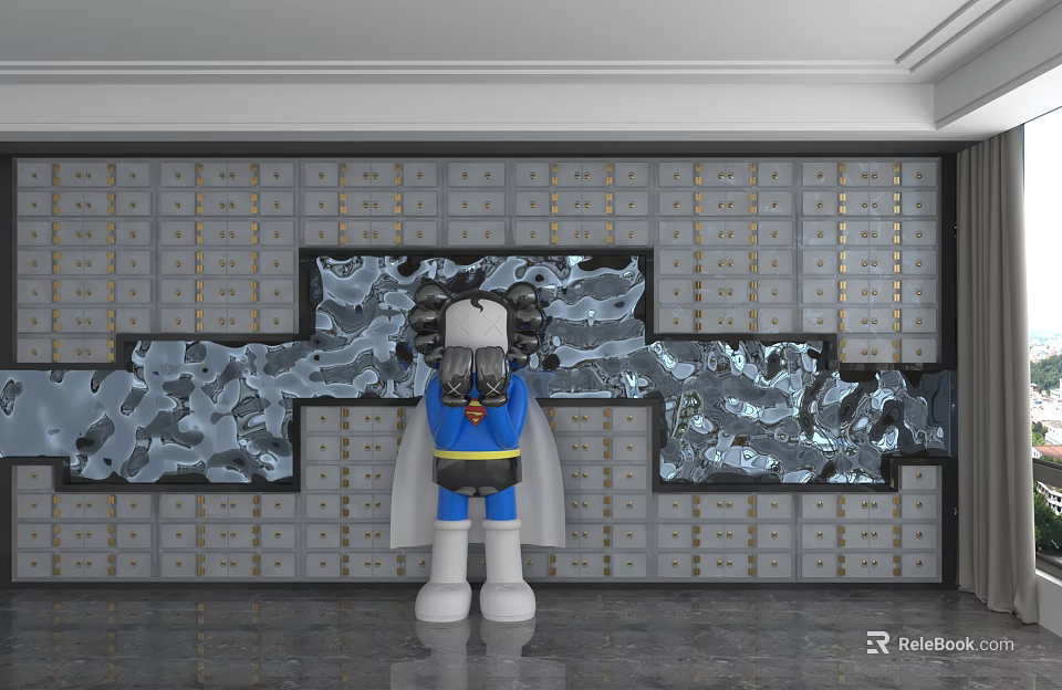 Modern Background Wall With Storage Lockers And Decorative Sculpture With Shattered Glass Art 3d model 