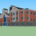 Red Brick Multi Story Office Building With Tower Structure And Arched Entrance