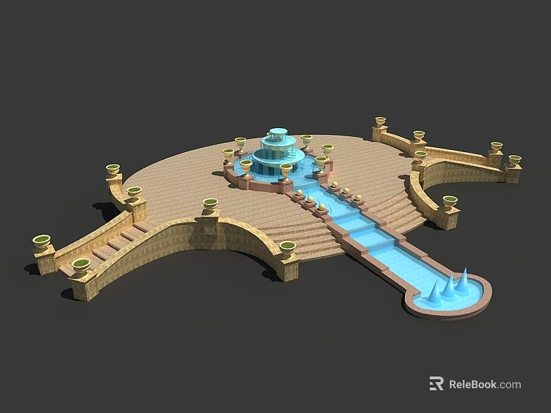 Garden Ornament Design With Circular Platform Fountain Steps Water Channel And Decorative Columns 3d model 