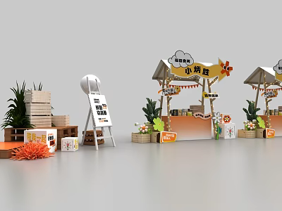Trendy Check-in Photo Spot With Cute Canopied Snack Stalls Orange Decor And Green Plants 3d model