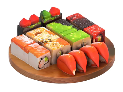 Colorful Sushi Platter With Salmon Avocado And Crab Stick Rolls On Wooden Plate 3d model