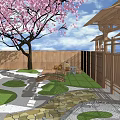Tranquil Garden Landscape With Bamboo Grove Stone Path Wooden Pavilion And Green Grass