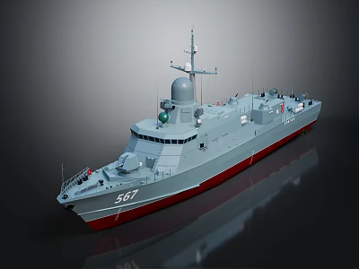 Military Warship With Gray Hull Red Bottom Radar Antenna And Number 567 3d model