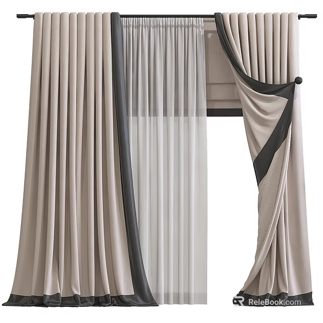 Elegant Beige Layered Curtains With Sheer Fabric And Black Trim Design 3d model 