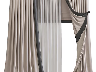 Elegant Beige Layered Curtains With Sheer Fabric And Black Trim Design 3d model