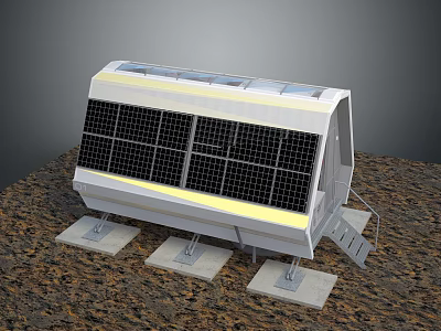 Solar Powered Outdoor Computer Unit With White Structure Support Stands And Steps On Gravel Ground 3d model