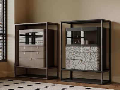 Modern Wine Cabinet With Glass Doors Dark Frame And Textured Drawer Panels 3d model