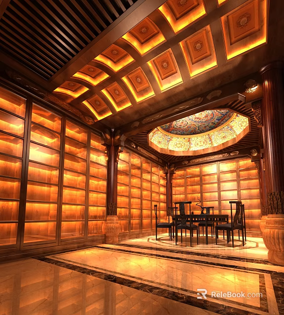 Traditional Chinese Specialty Store With Wooden Shelves Ornate Ceiling And Round Dome 3d model 