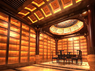 Traditional Chinese Specialty Store With Wooden Shelves Ornate Ceiling And Round Dome 3d model