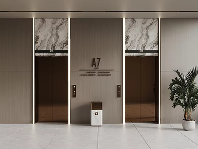 Elevator Lobby With A7 Sign Marble Panels Wooden Walls Trash Bin And Indoor Plant 3d model