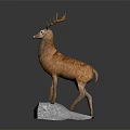 Detailed Deer Sculpture With Antlers Standing On Gray Stone Base Decor