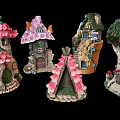 Colorful Decorative Fairy House Figurines With Mushroom Roofs And Flower Accents