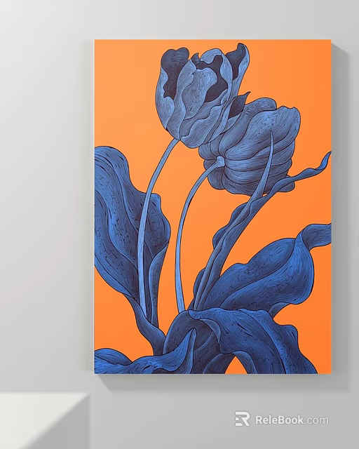 Artistic Blue Plant Drawing With Flowers Leaves On Orange Background 3d model 