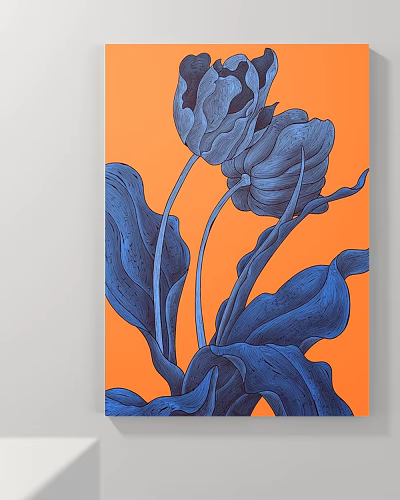 Artistic Blue Plant Drawing With Flowers Leaves On Orange Background 3d model