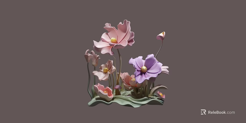 Colorful Pink and Purple Flower Sculptural Art Installation with Green Leaves 3d model 