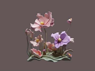 Colorful Pink and Purple Flower Sculptural Art Installation with Green Leaves 3d model