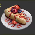 Delicious Cheesecake Slice With Fresh Strawberries Blueberries And Raspberries On White Plate With Red Sauce