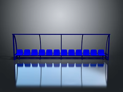 Modern Indoor Sheltered Bench With Blue Seats And Reflective Floor Surface 3d model