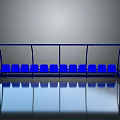 Modern Indoor Sheltered Bench With Blue Seats And Reflective Floor Surface