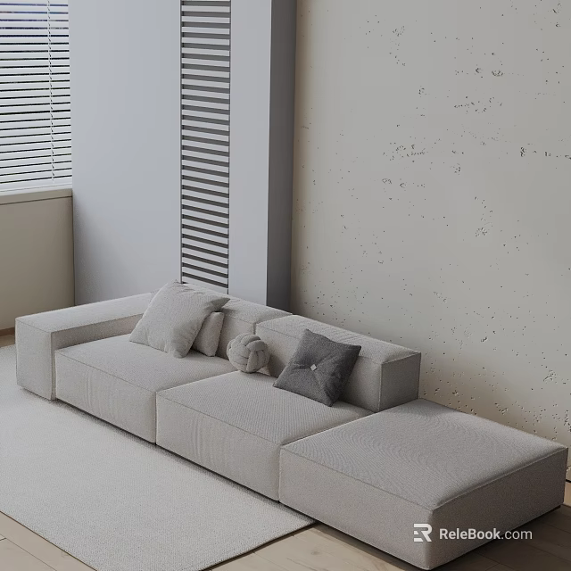 Light Gray Fabric Three-Seater Sofa With Cushions In Minimalist Interior White Wall And Window Blinds 3d model 