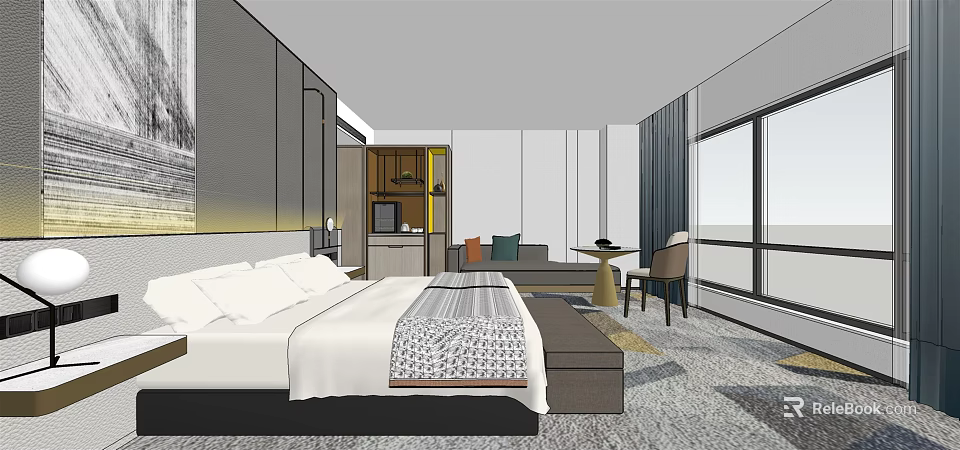 Hotel Guest Room Modern Interior With Comfortable Bed Sofa Seating And Large Window 3d model 