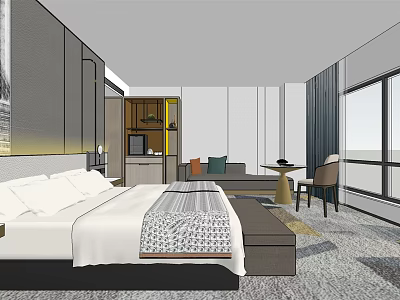 Hotel Guest Room Modern Interior With Comfortable Bed Sofa Seating And Large Window 3d model