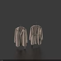 Two Beige Coats Hanging on Hangers Showing Front and Back Views on Dark Blue Background