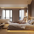 Modern Hotel Room With Bed Bathtub Floor to Ceiling Windows and Wooden Decor