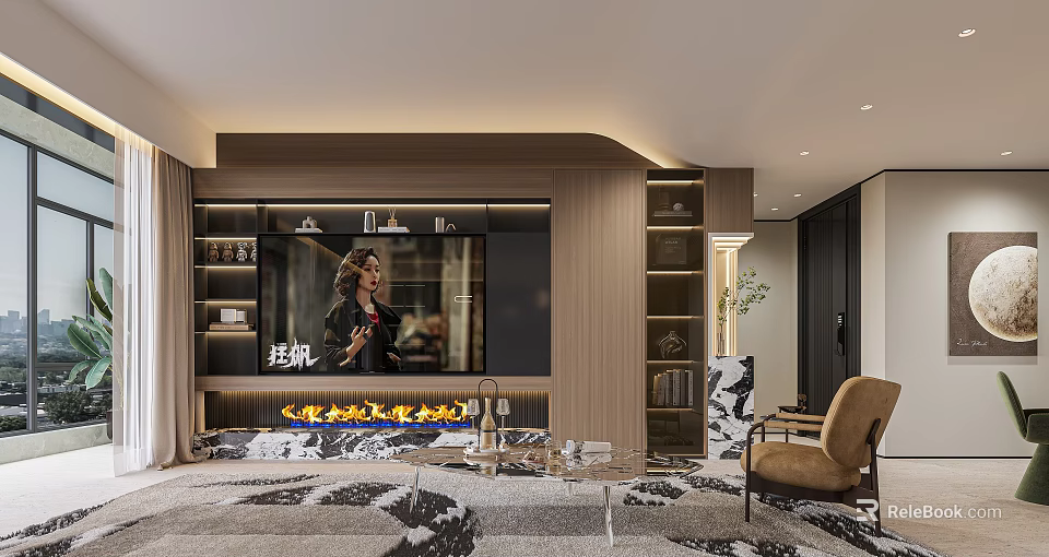Modern Living Room Interior With TV Wall Bookshelves Fireplace Rug And Armchair 3d model 