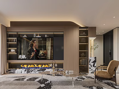 Modern Living Room Interior With TV Wall Bookshelves Fireplace Rug And Armchair 3d model