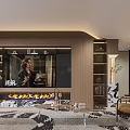 Modern Living Room Interior With TV Wall Bookshelves Fireplace Rug And Armchair