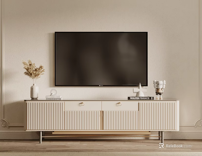 Modern TV Stand with Large Screen TV Vase and Ornaments on Light Colored Wall 3d model 