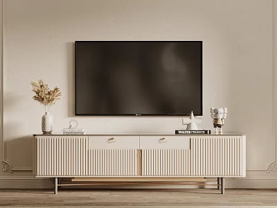 Modern TV Stand with Large Screen TV Vase and Ornaments on Light Colored Wall 3d model