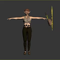 Woman with outstretched arms wearing sports bra dark pants next to potted yellow flower plant