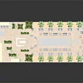 Cartoon Resort Scene With Swimming Pool Palm Trees Cabins Lounge Chairs And Greenery