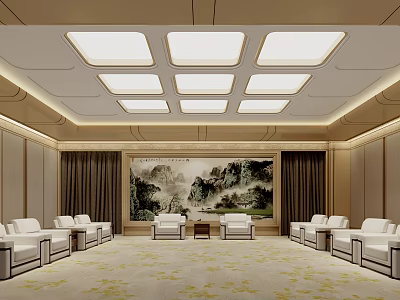 Hotel Public Lounge Area With Square Ceiling Lights Landscape Painting Dark Curtains And White Sofas 3d model