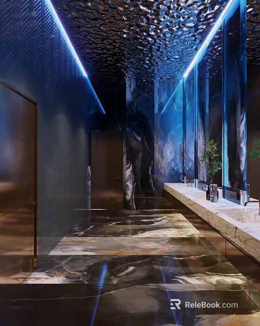 Elegant Modern Public Restroom With Marble Walls Mirrored Ceiling Blue Lighting Washbasins And Green Plants 3d model 