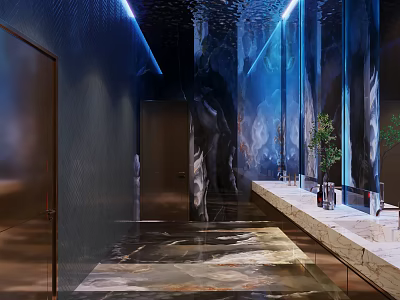 Elegant Modern Public Restroom With Marble Walls Mirrored Ceiling Blue Lighting Washbasins And Green Plants 3d model