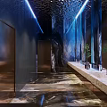 Elegant Modern Public Restroom With Marble Walls Mirrored Ceiling Blue Lighting Washbasins And Green Plants
