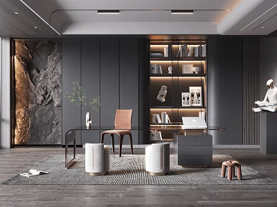 Elegant Modern Study Room Interior Design With Bookshelves Desk Chair Sculptures And Wall Decorations 3d model
