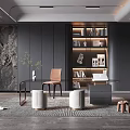 Elegant Modern Study Room Interior Design With Bookshelves Desk Chair Sculptures And Wall Decorations